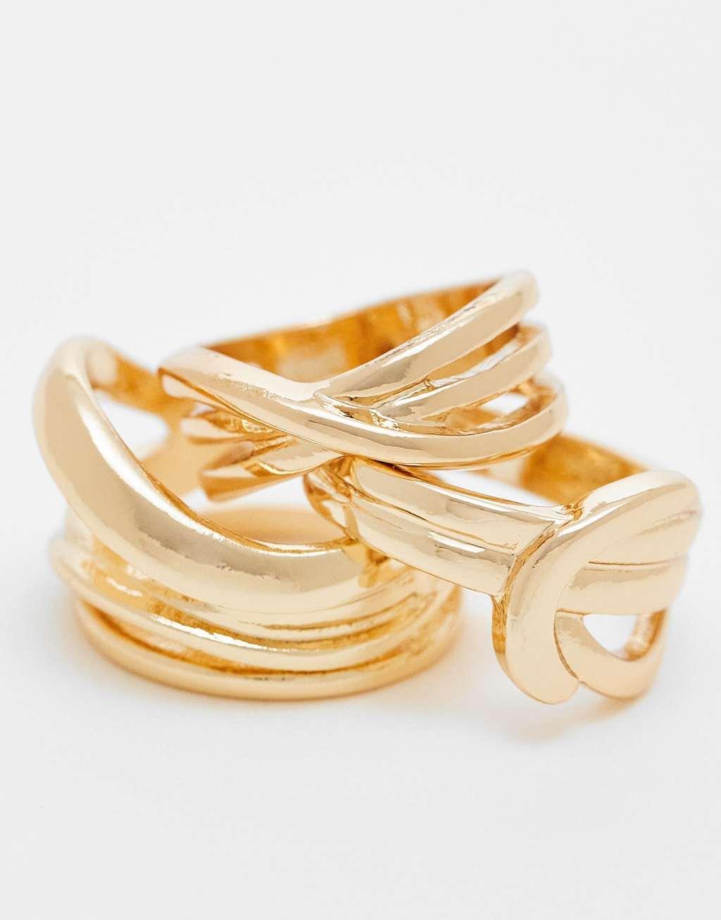 ASOS DESIGN pack of 3 rings with abstract wave detail in gold tone Product Image