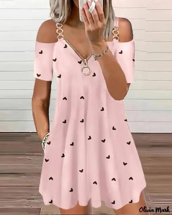 Olivia Mark – Heart Print Chain Decor Cold Shoulder Swing Dress Product Image