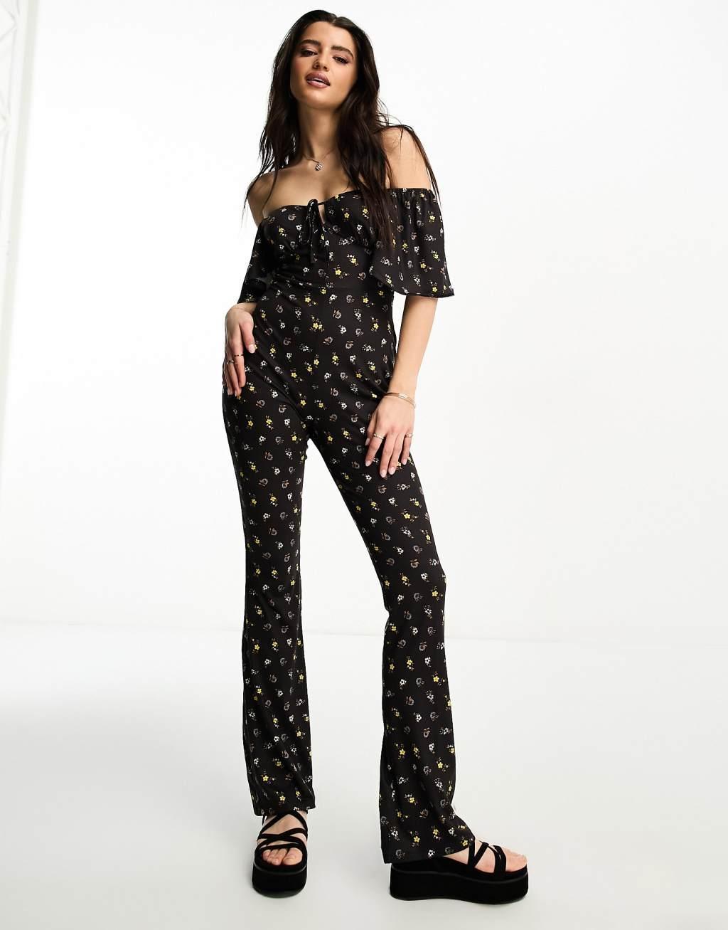 ASOS DESIGN jersey fluted sleeve jumpsuit with flare leg Product Image