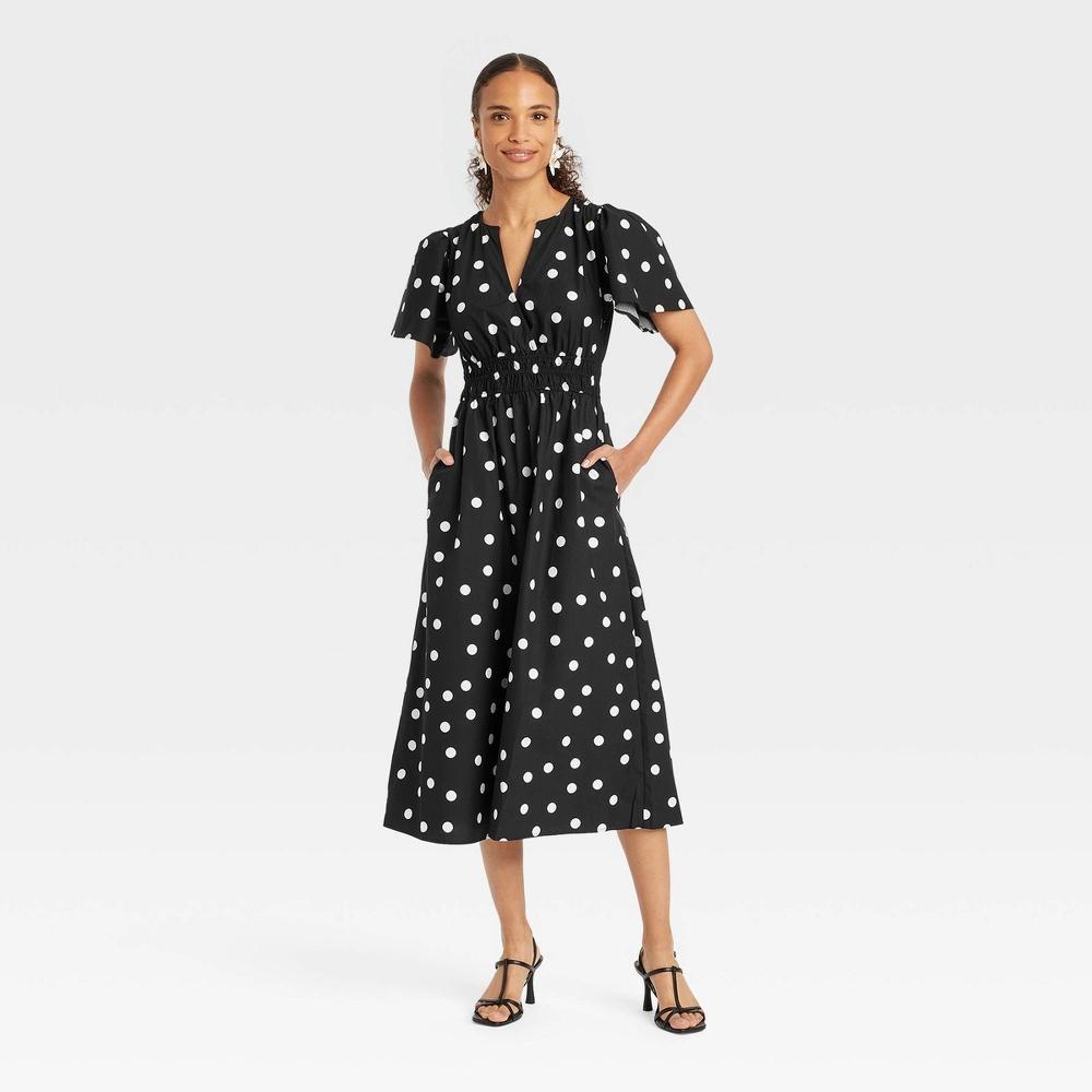 Womens Flutter Short Sleeve Poplin Midi A-Line Dress - A New Day Polka Dots M Product Image