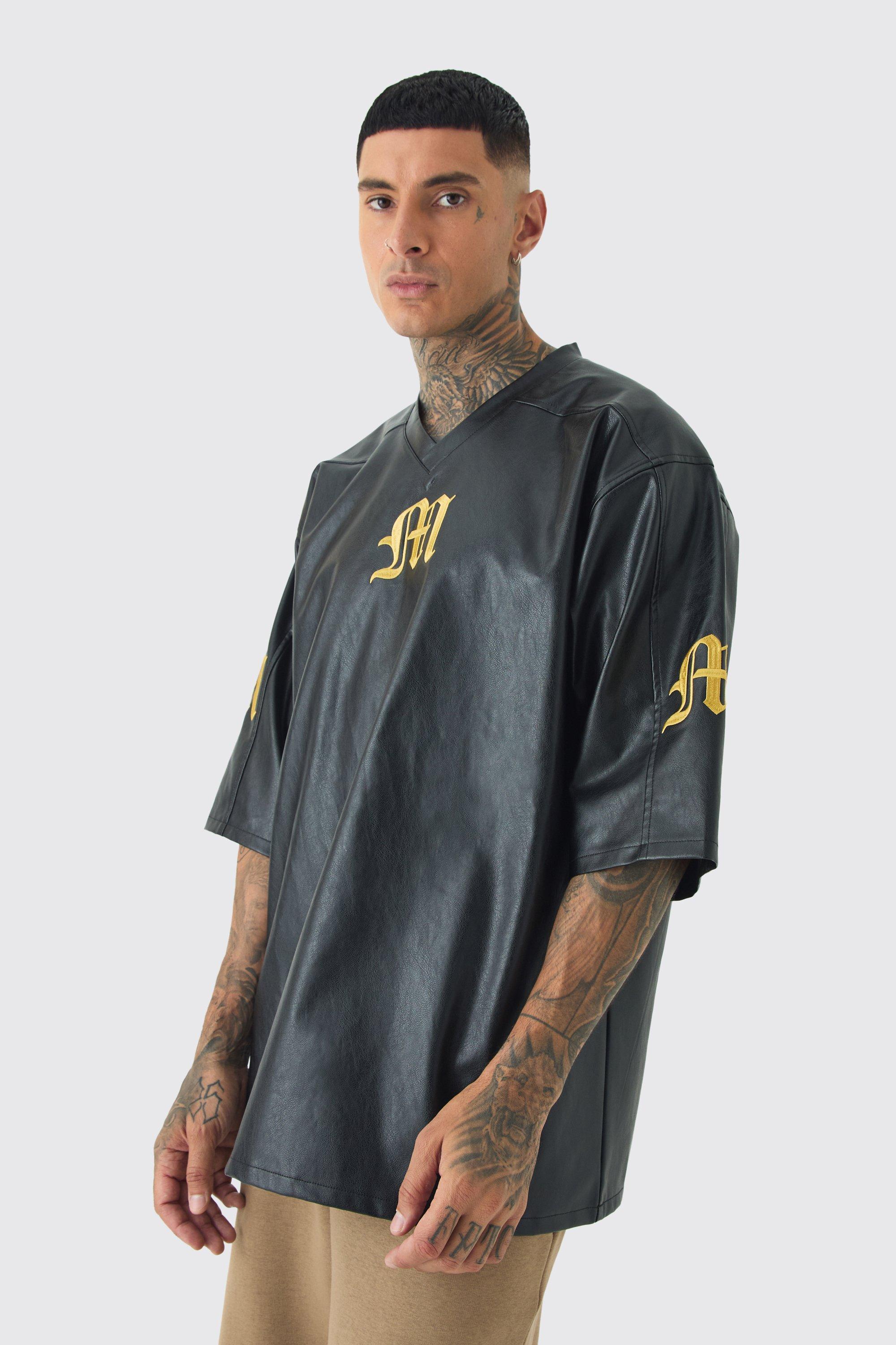 Tall Oversized PU Raglan Embroidered Varsity Shirt | boohooMAN USA Product Image