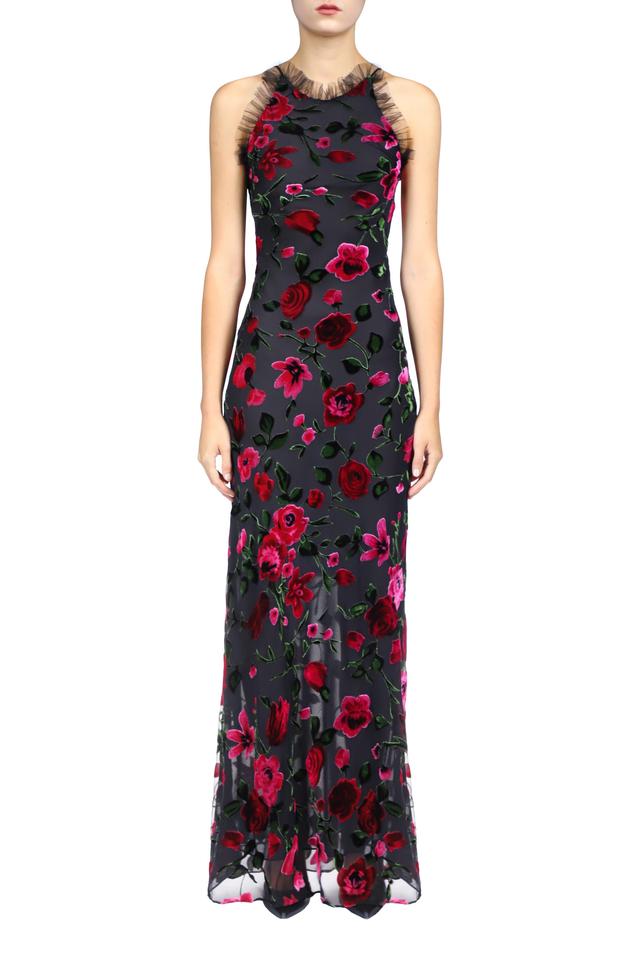 Floral Velvet Devoré Halter Gown With Tulle Detail Product Image