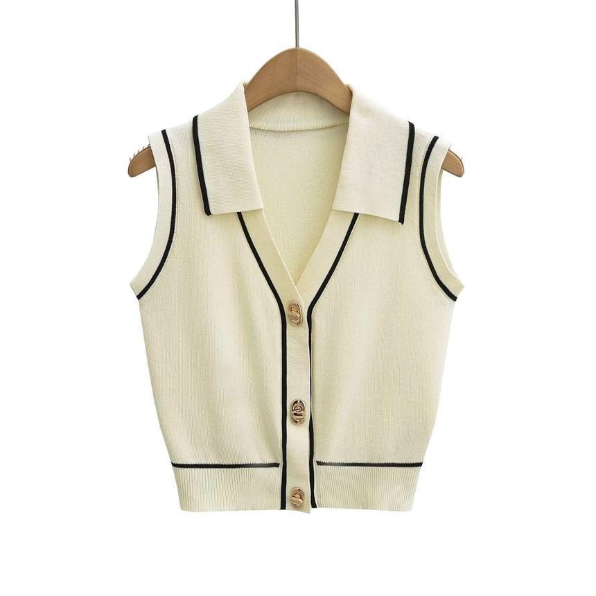 Contrast Trim V-Neck Collared Button-Up Knit Sweater Vest Product Image