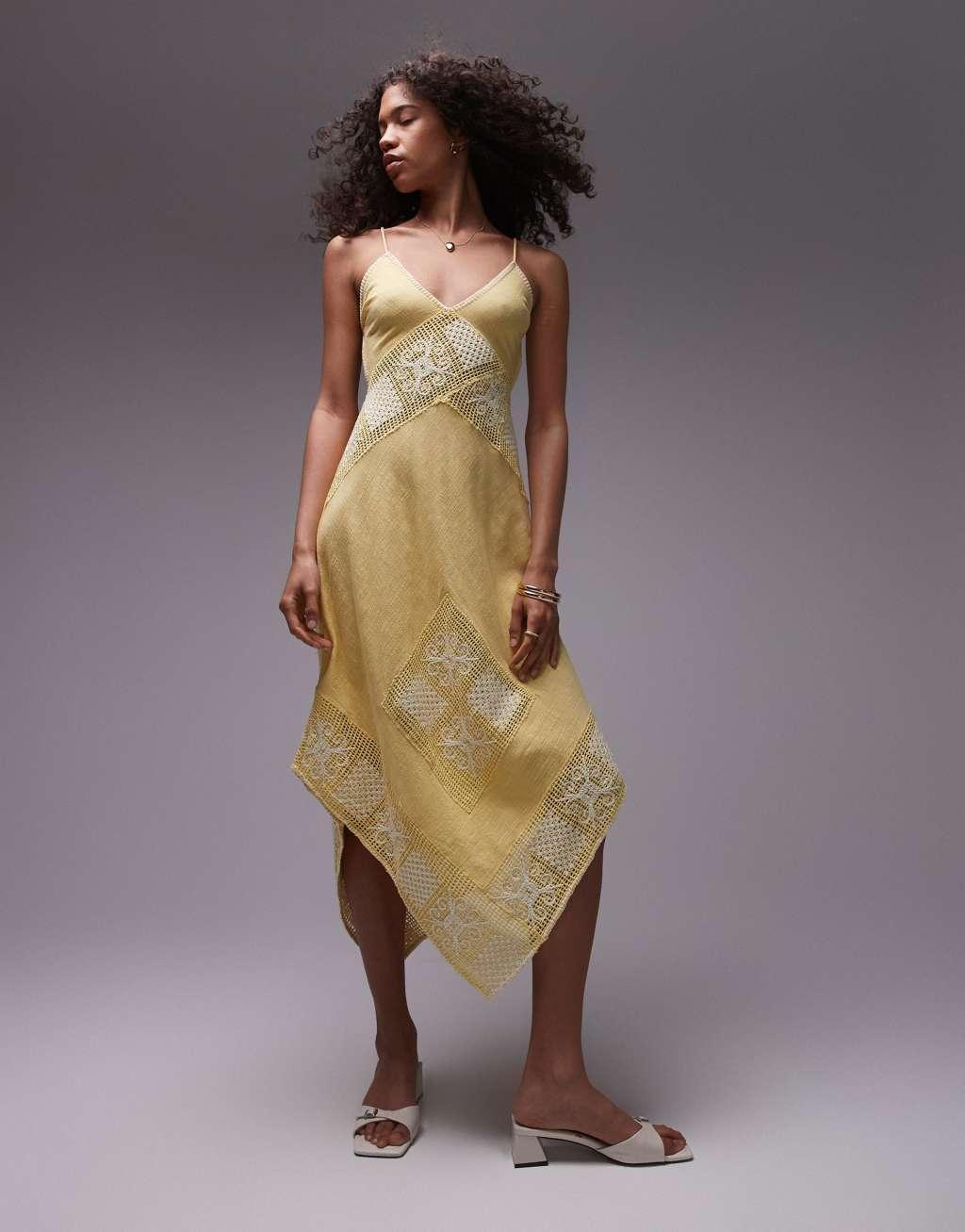 Topshop crochet linen mix sundress in yellow Product Image