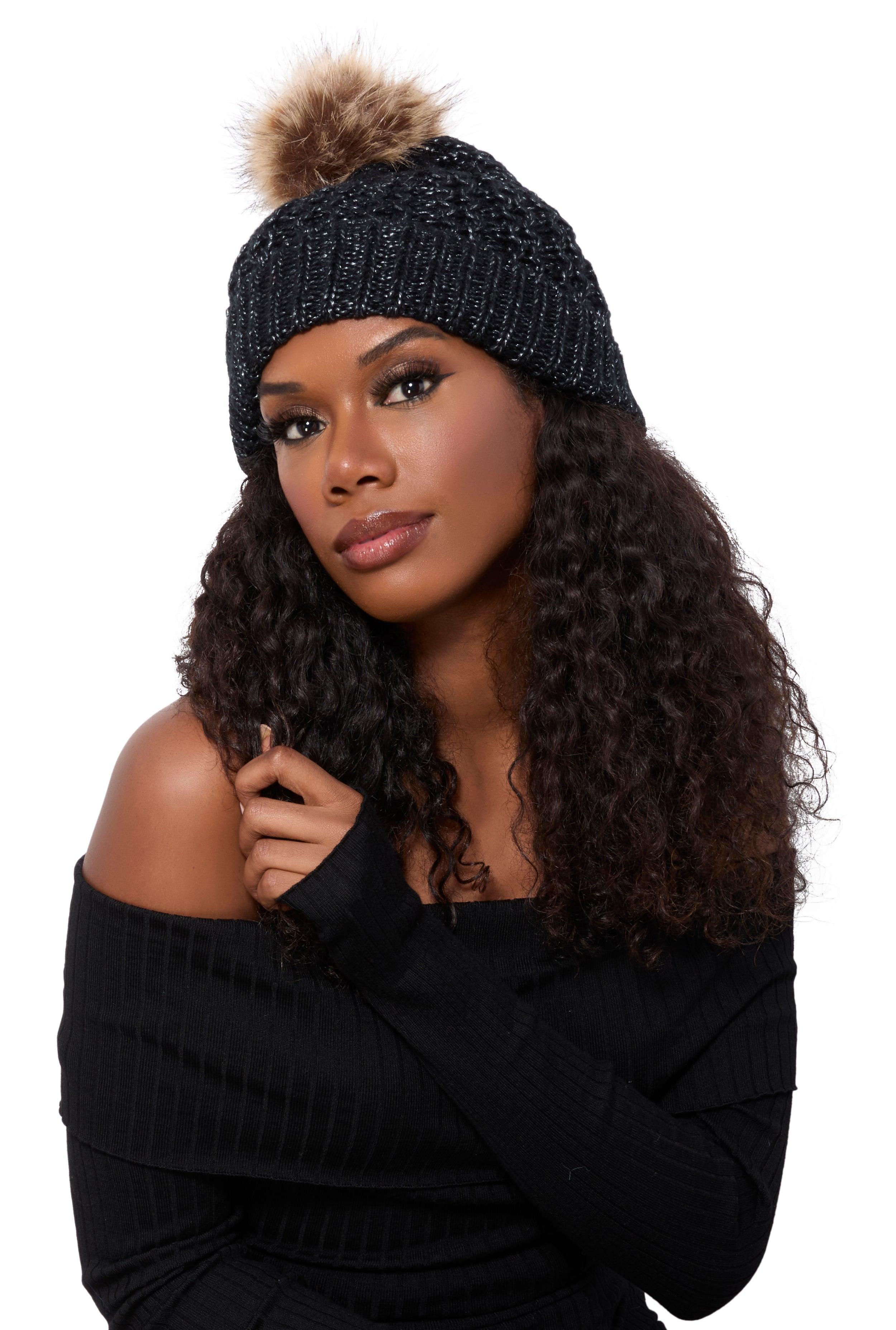 Womens Faux Fur Pom Pom Knit Beanie Product Image