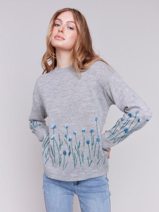 Border Floral Embroidered Crew-Neck Sheer Knit Sweater by Charlie B Product Image