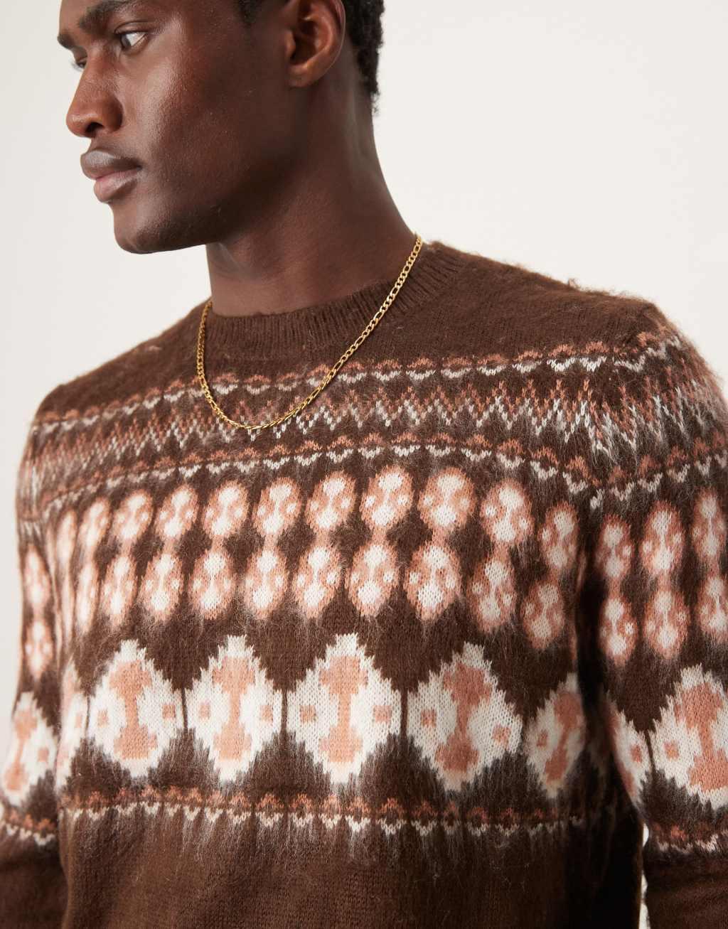 ASOS DESIGN knit crew neck sweater with fairisle pattern in brown Product Image