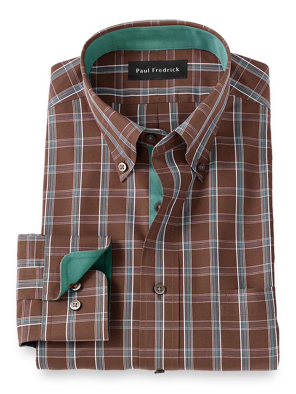 Non-Iron Cotton Windowpane Dress Shirt With Contrast Trim - Brown Product Image