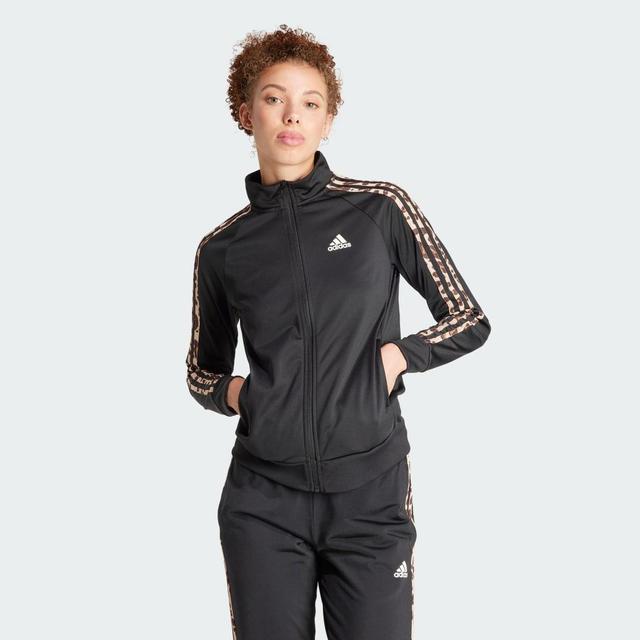 adidas Essentials Animal Print Tricot 3-Stripes Track Jacket Black L Womens Product Image