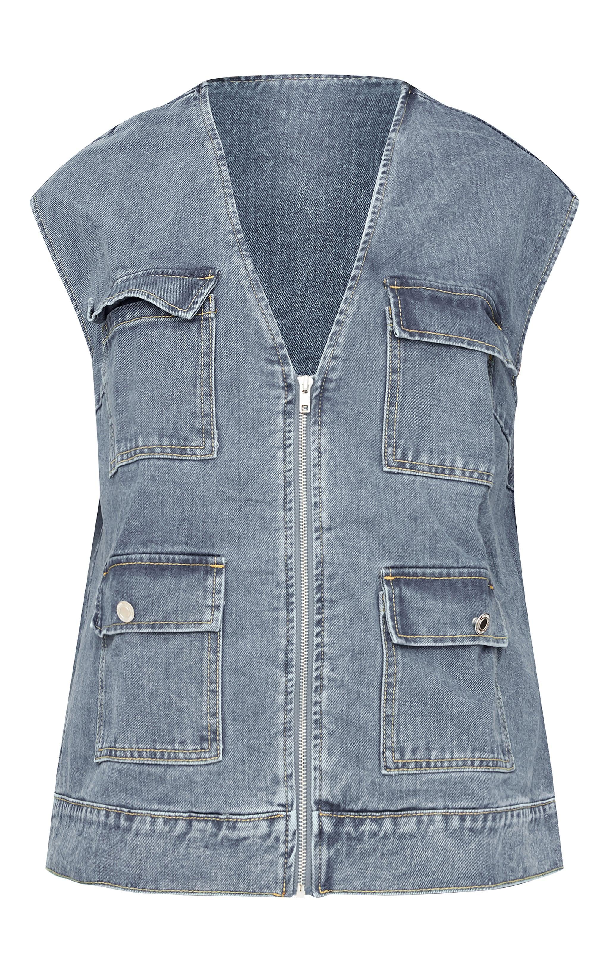 Plus Blue Zip Up Denim Cargo Vest Product Image