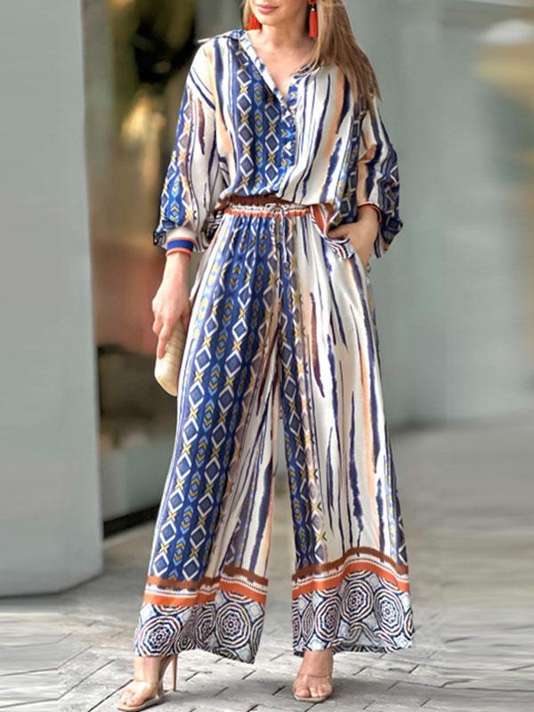 Long Sleeves Loose Printed Lapel Blouses Tops + Drawstring Pockets Pants Bottom Two Pieces Set Product Image