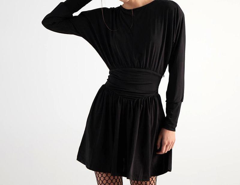 Long-Sleeve Crew Neck Plain Ruched Mini A-Line Dress Product Image