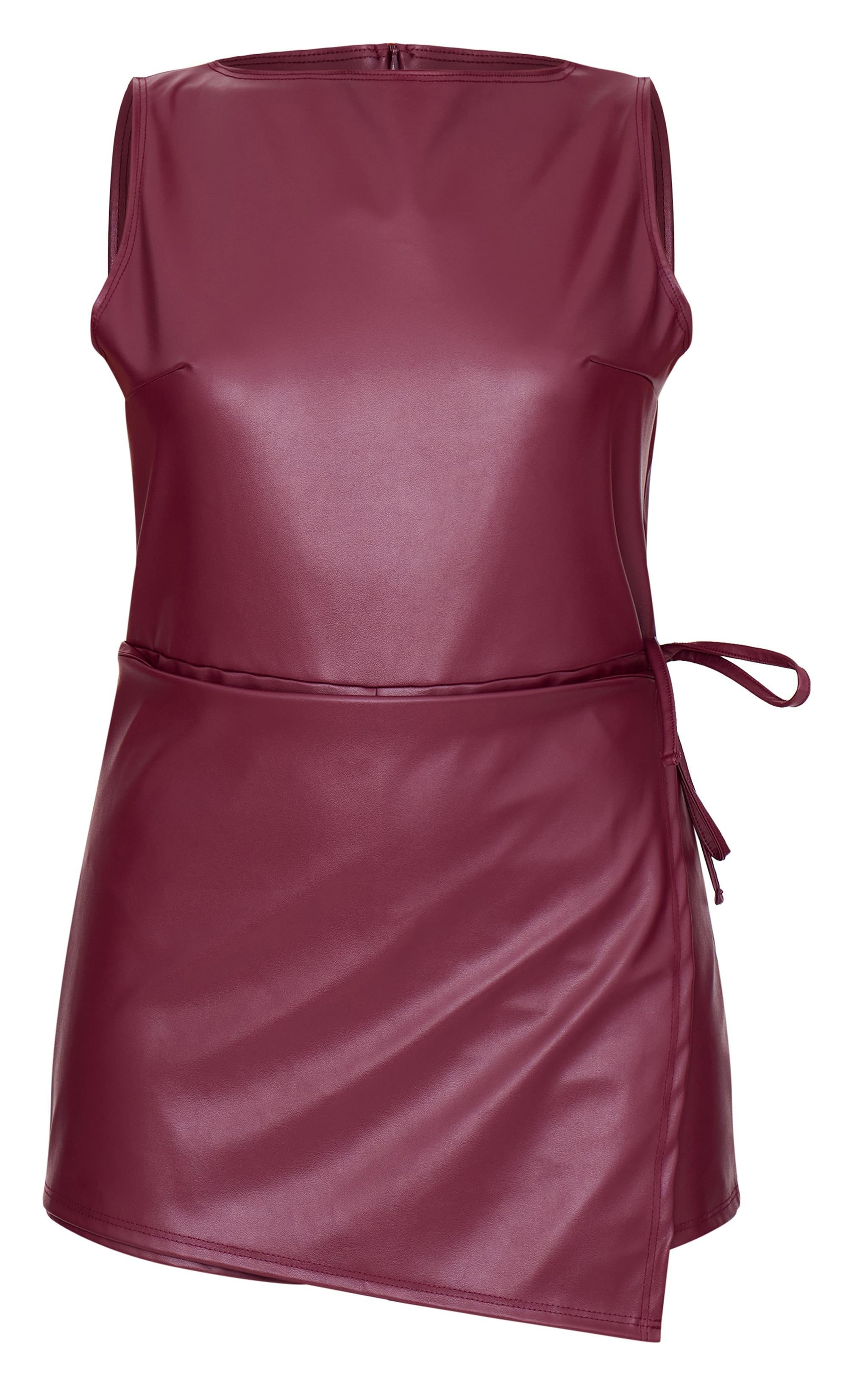  Burgundy Faux Leather Boat Neck Wrap Front Romper Product Image