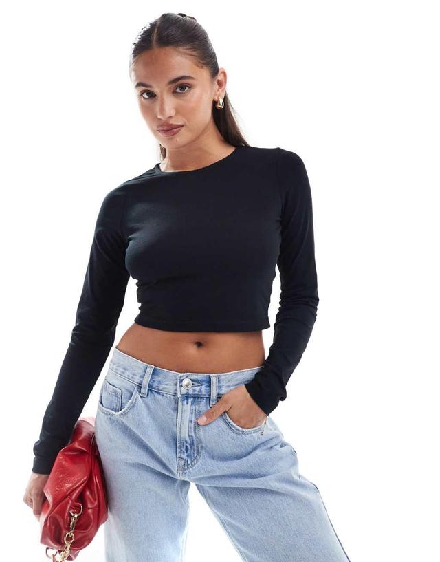 ASOS DESIGN fitted crop t-shirt with long sleeve in black Product Image