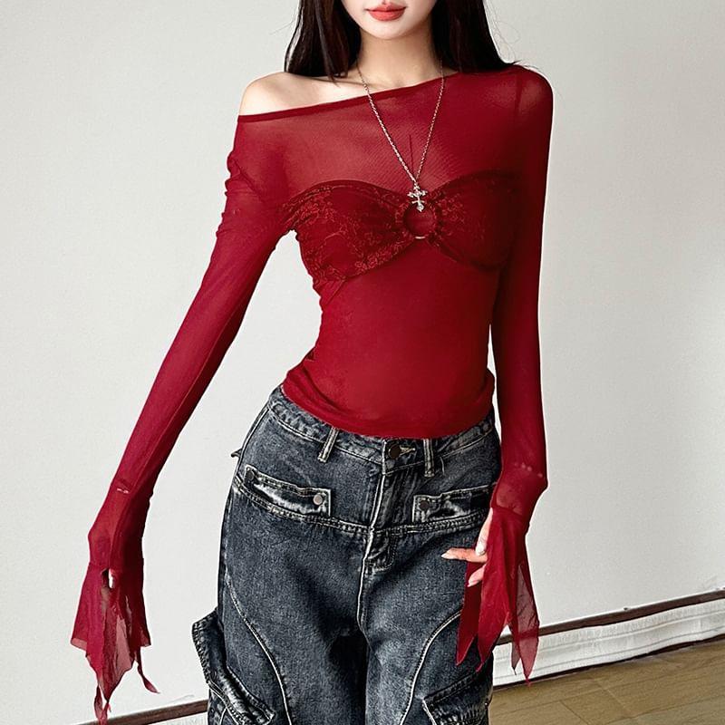 Long Sleeve Boat Neck Plain Panel Mesh Top Product Image