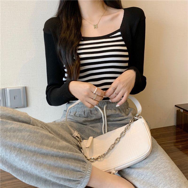 Square Neck Striped Panel Cropped Sweater Product Image