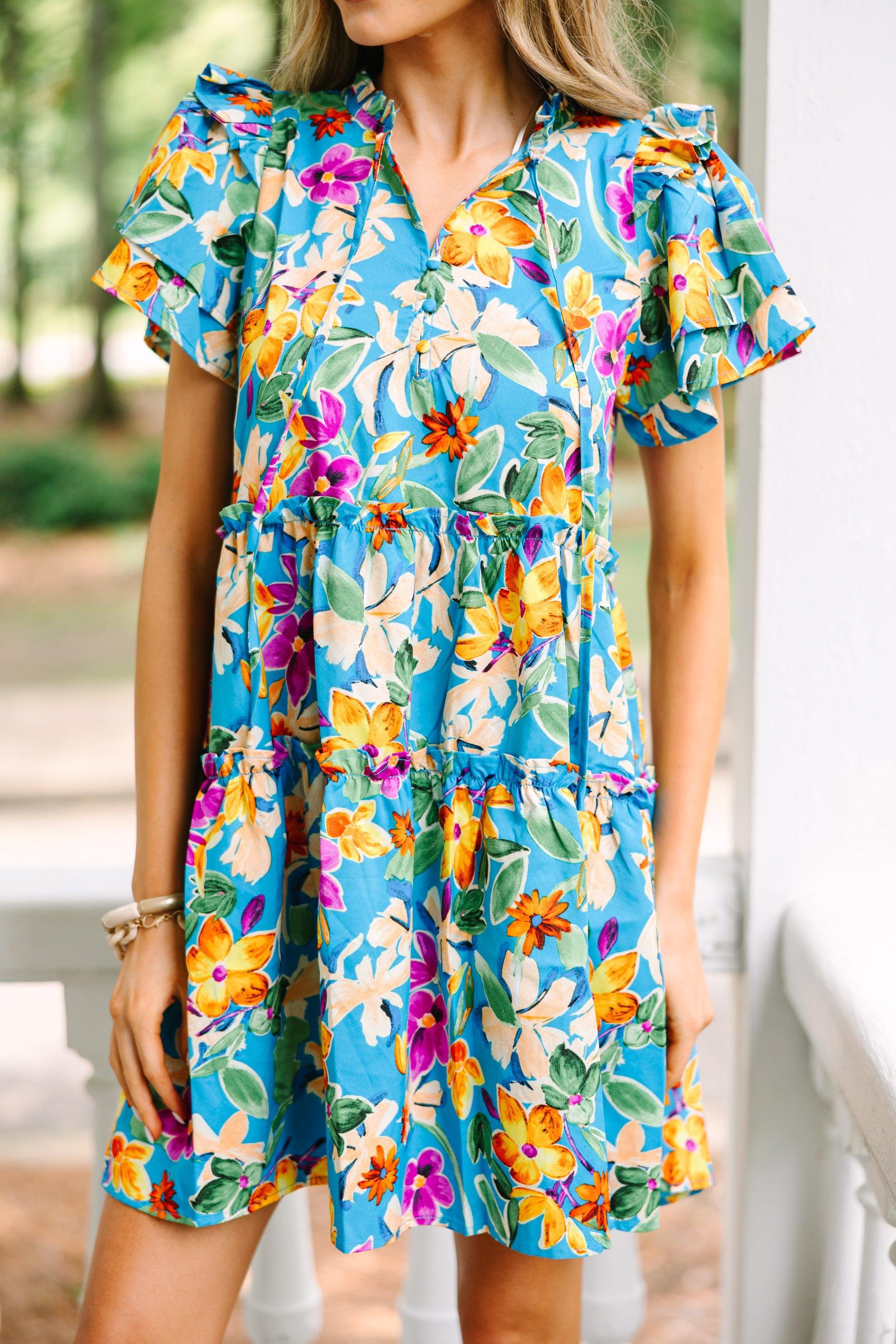 Make It Known Aqua Blue Floral Dress Female Product Image