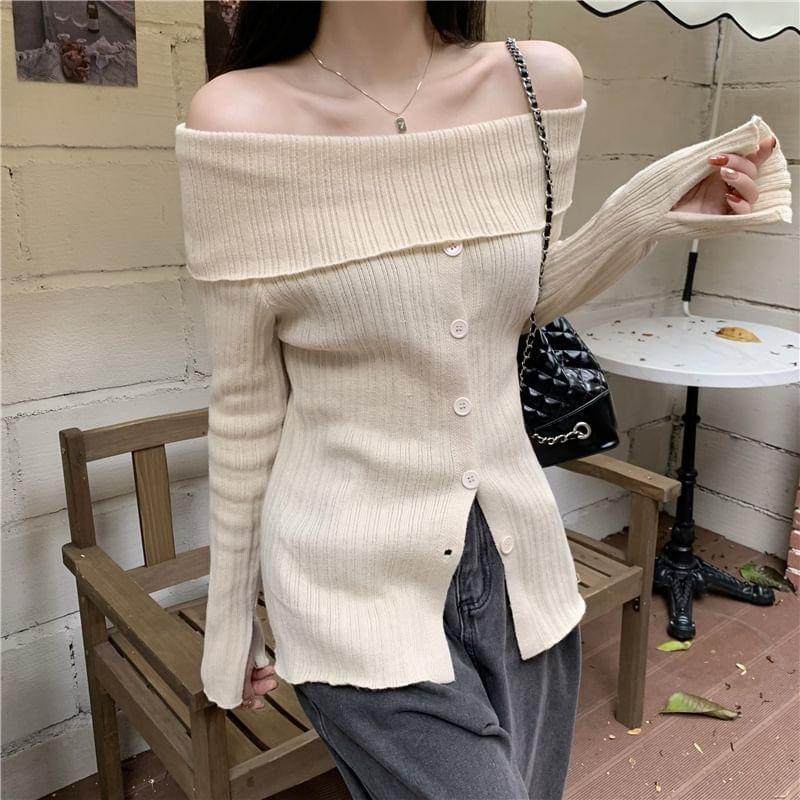 Off-Shoulder Plain Ribbed Sweater Product Image