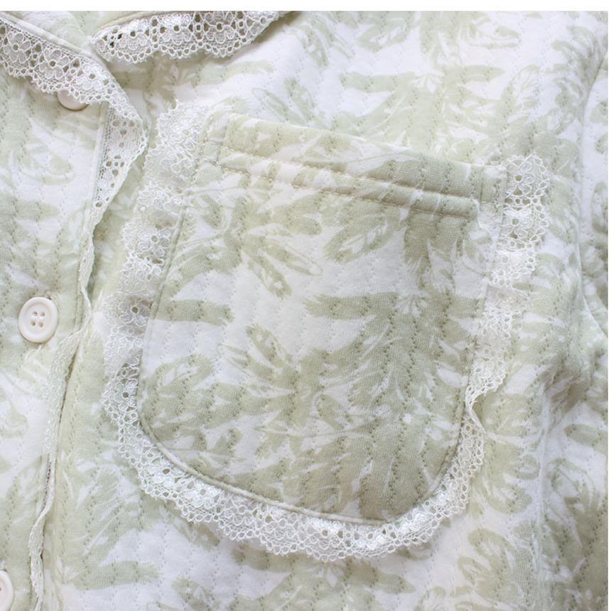 Pajama Set: Long-Sleeve Lapel Collar Leaf Print Lace Trim Button-Up Top + Pants Product Image