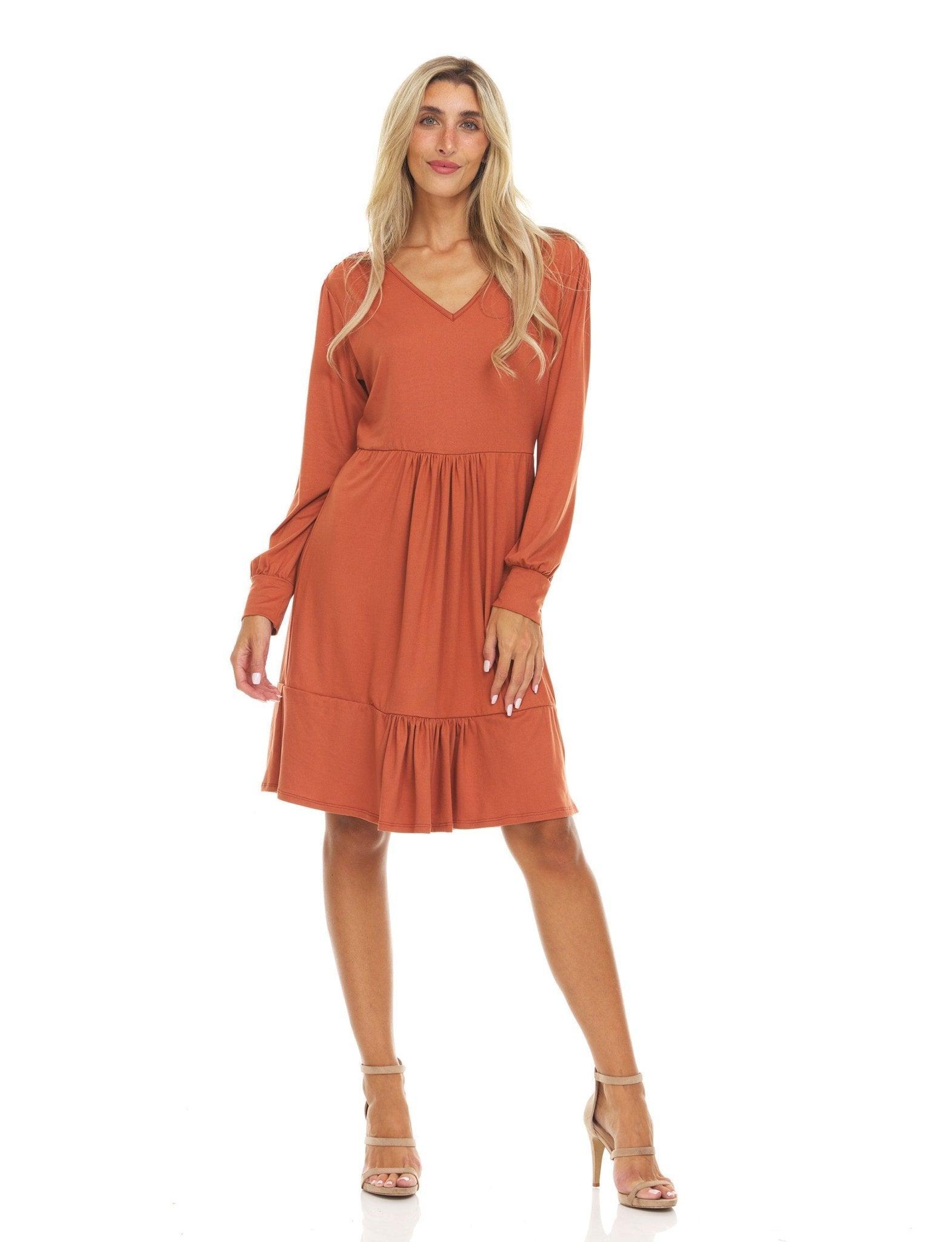 Long Sleeve Solid Color V-neck Multi Tiered Midi Dress Product Image