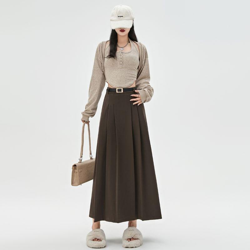 High Waist Plain Pleated Midi A-Line Skirt Product Image