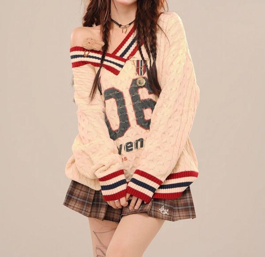 V-Neck Lettering Number Print Cable-Knit Oversized Sweater / Plain Shirt Product Image