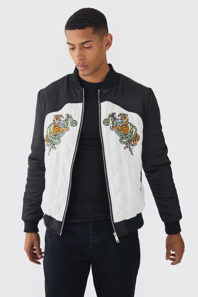 Worldwide Satin Quilted Padded Bomber Jacket In Black | boohooMAN USA Product Image