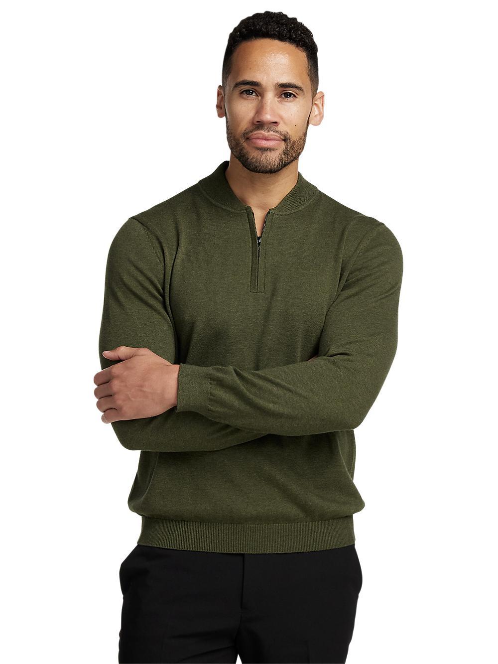 Cotton Quarter Zip Mock Neck Sweater - Olive Product Image