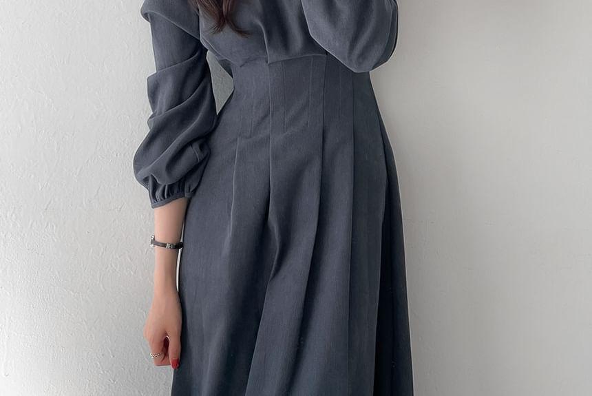 Long-Sleeve Round Neck Plain Midi A-Line Dress Product Image