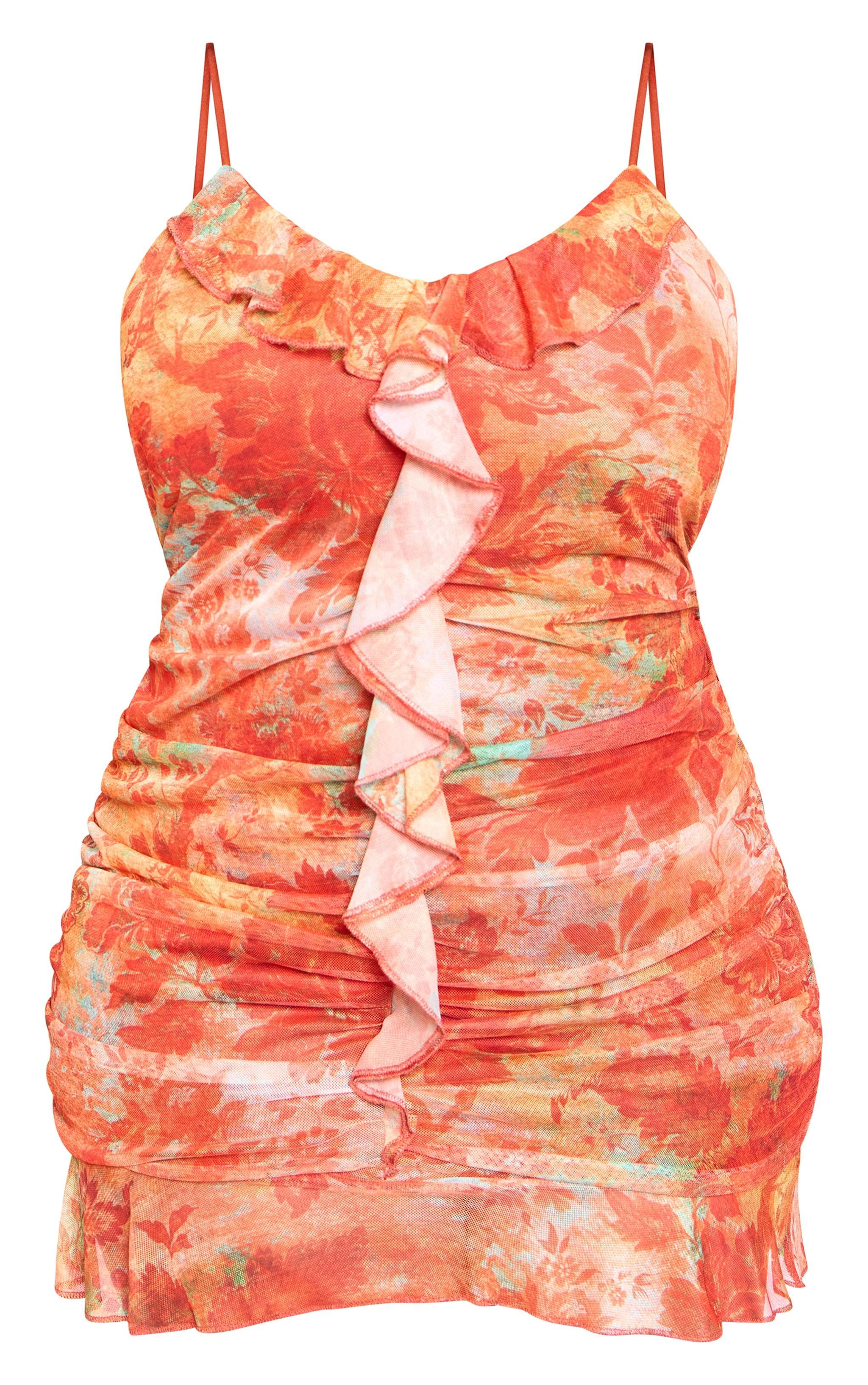 Plus Orange Floral Abstract Print Frill Detail Shift Dress Product Image