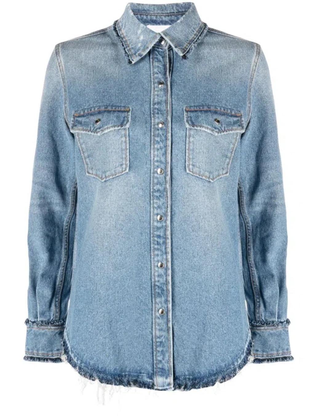 Frayed-edge Recycled Denim Collared Shirt In Sky Blue Product Image