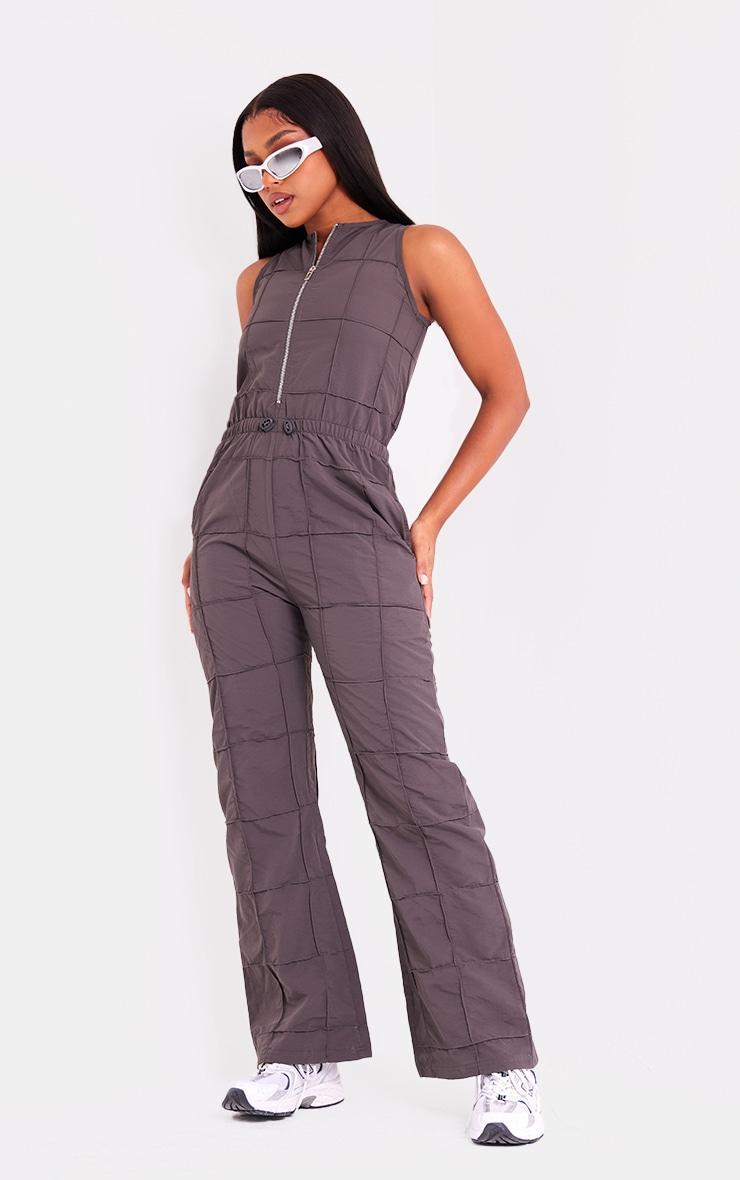 Taupe Textured Zip Up Toggle Jumpsuit Product Image