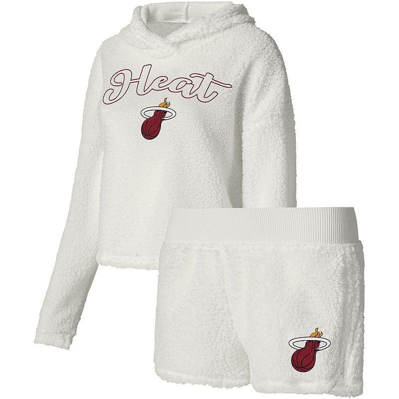 Womens College Concepts Cream Miami Heat Fluffy Long Sleeve Hoodie T-Shirt & Shorts Sleep Set Product Image