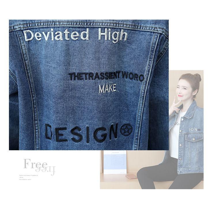 Collared Embroidered Washed Denim Cropped Jacket Product Image