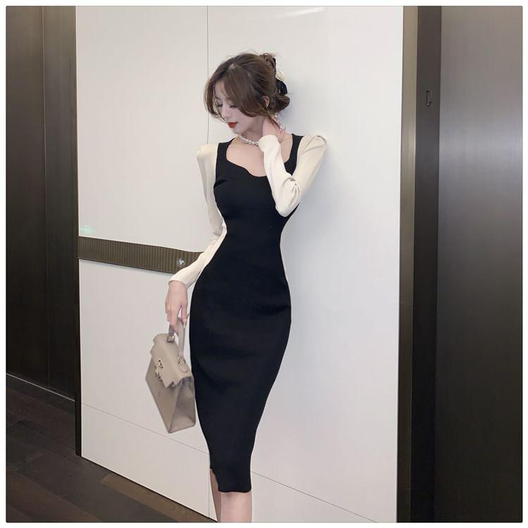 Long-Sleeve Two Tone Midi Sheath Knit Dress Product Image