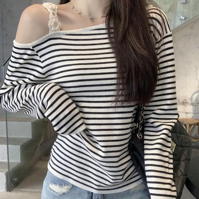 Long-Sleeve Asymmetrical Neck Cold-Shoulder Knit Top Product Image