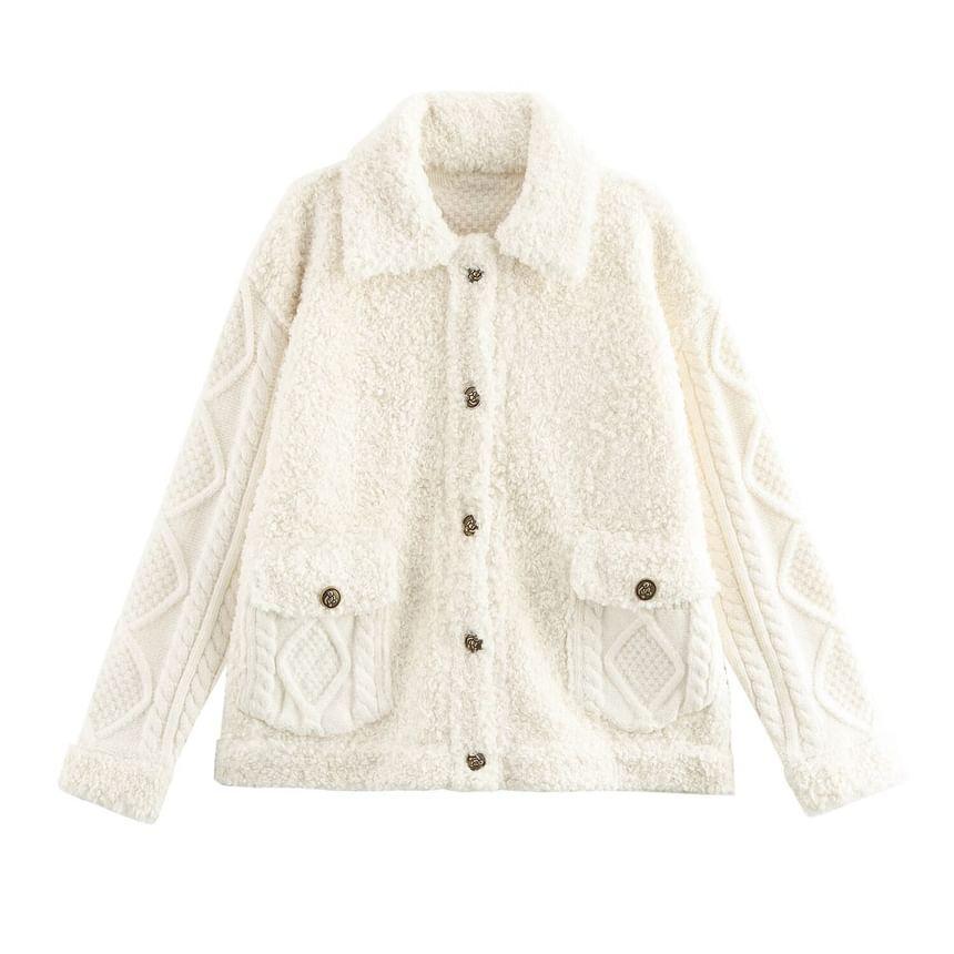 Collared Plain Cable Knit Panel Button-Up Fleece Jacket product image