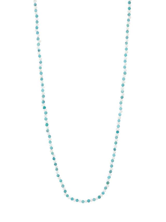 Womens 14K Yellow Gold, Pearl, & Turquoise Long Beaded Necklace Product Image