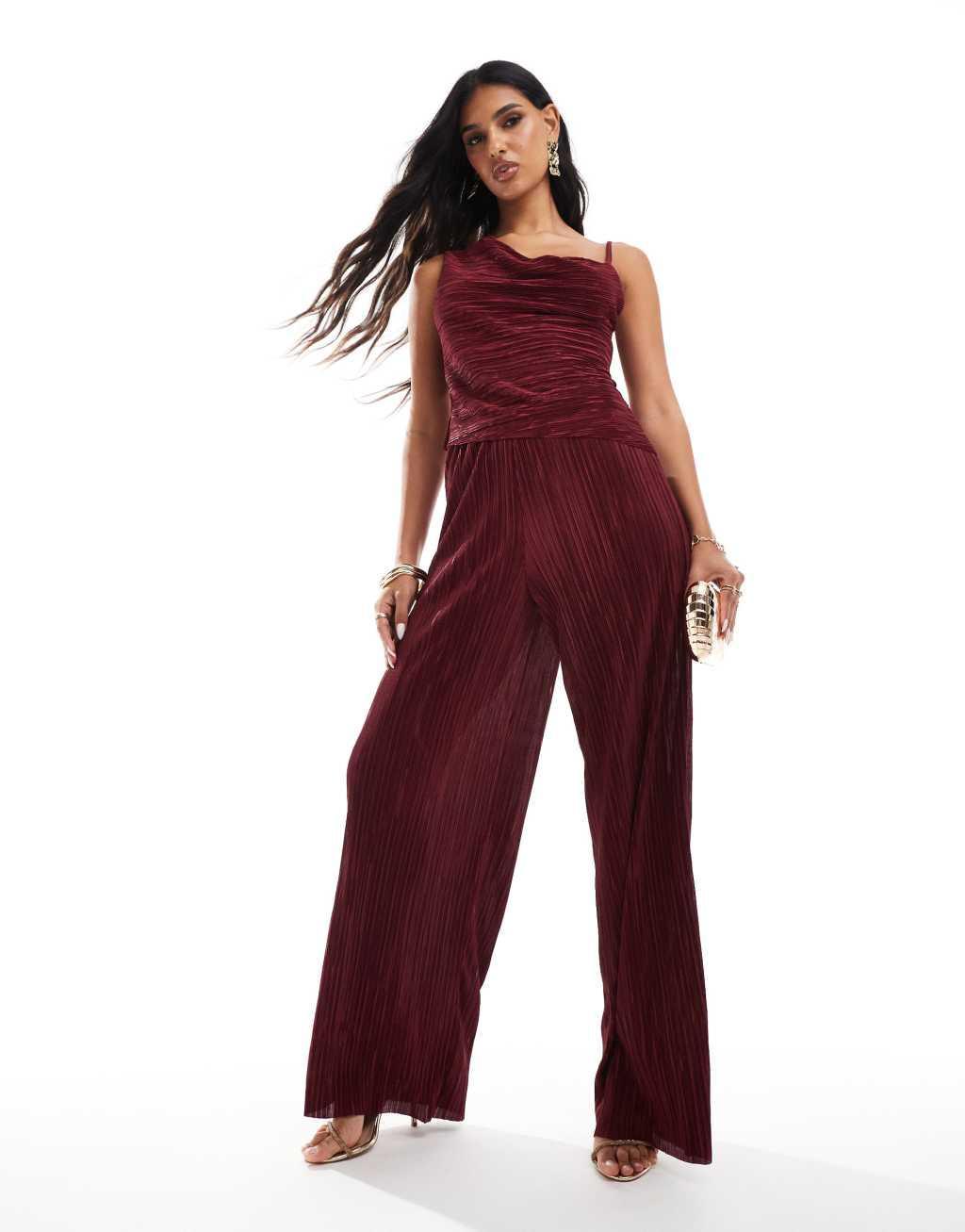 ASOS DESIGN drape plisse asymmetric top in burgundy - part of a set  Product Image