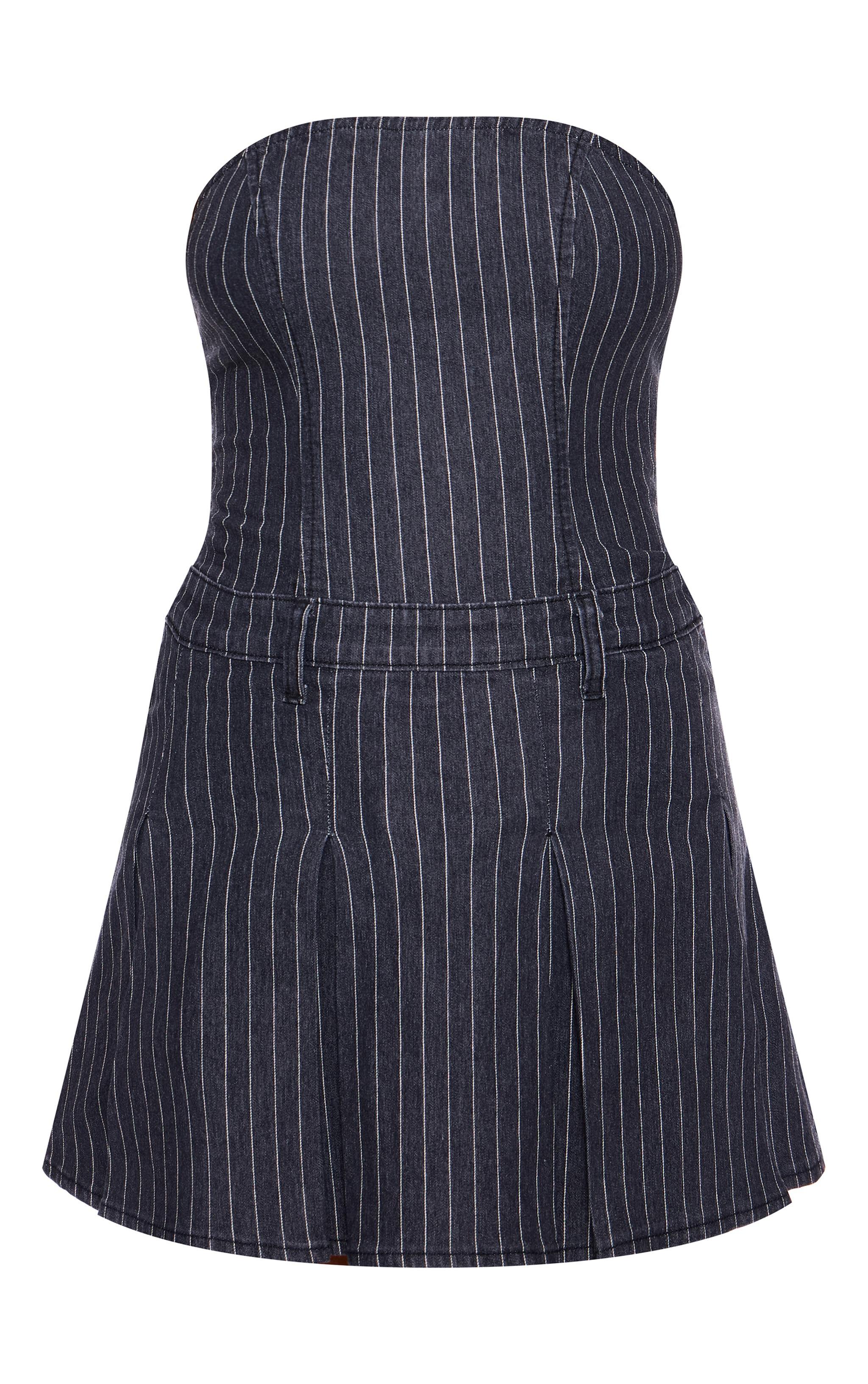 Navy Pinstripe Denim Pleated Bandeau Skater Dress Product Image