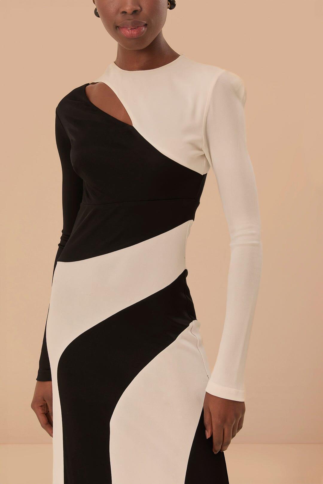 Black And White Cut-Out Long Sleeve Midi Dress Product Image