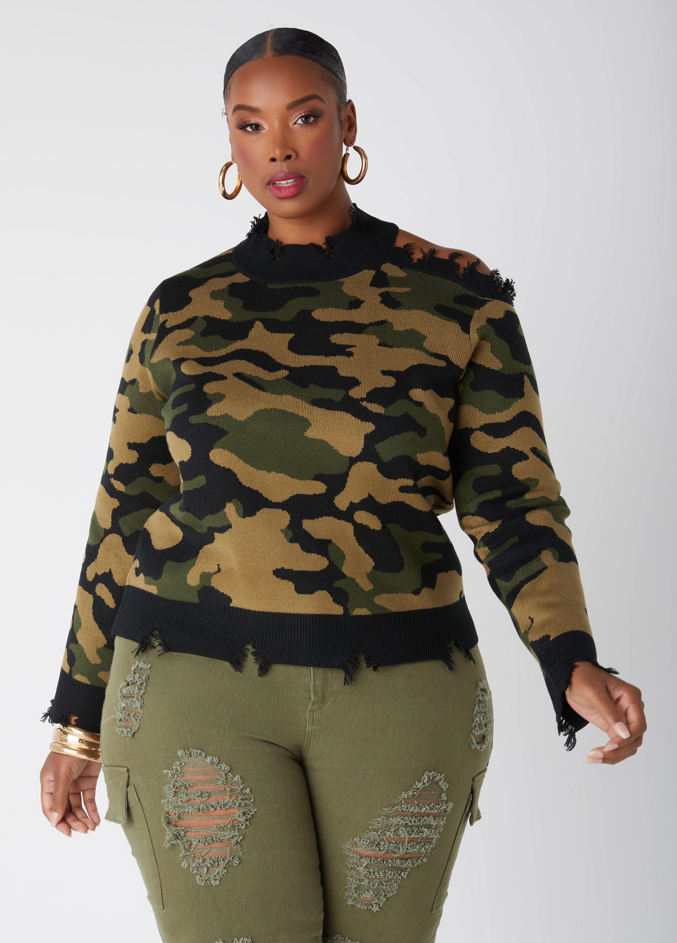 Plus Size Distressed Cutout Camo Sweater Ashley Stewart Product Image