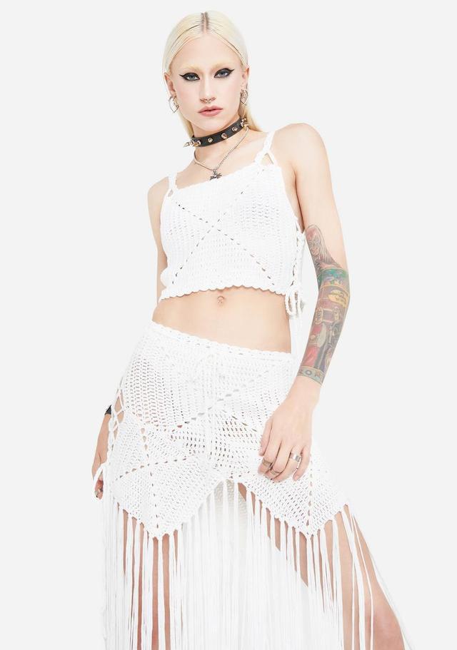 Crochet Tie Tank & Fringe Maxi Skirt Set - White Product Image