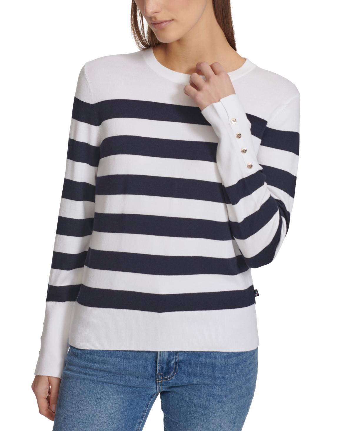 Women's Striped Button-Cuff Crewneck Sweater Product Image