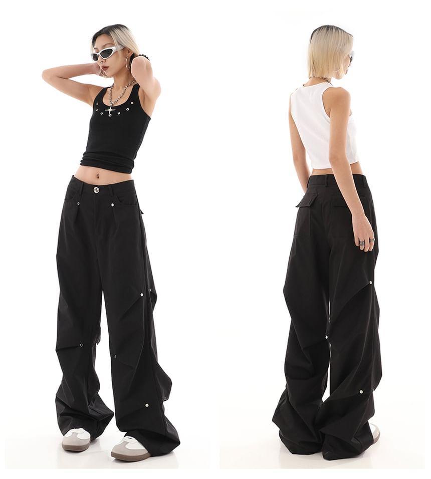 Plain Wide-Leg Cargo Pants Product Image