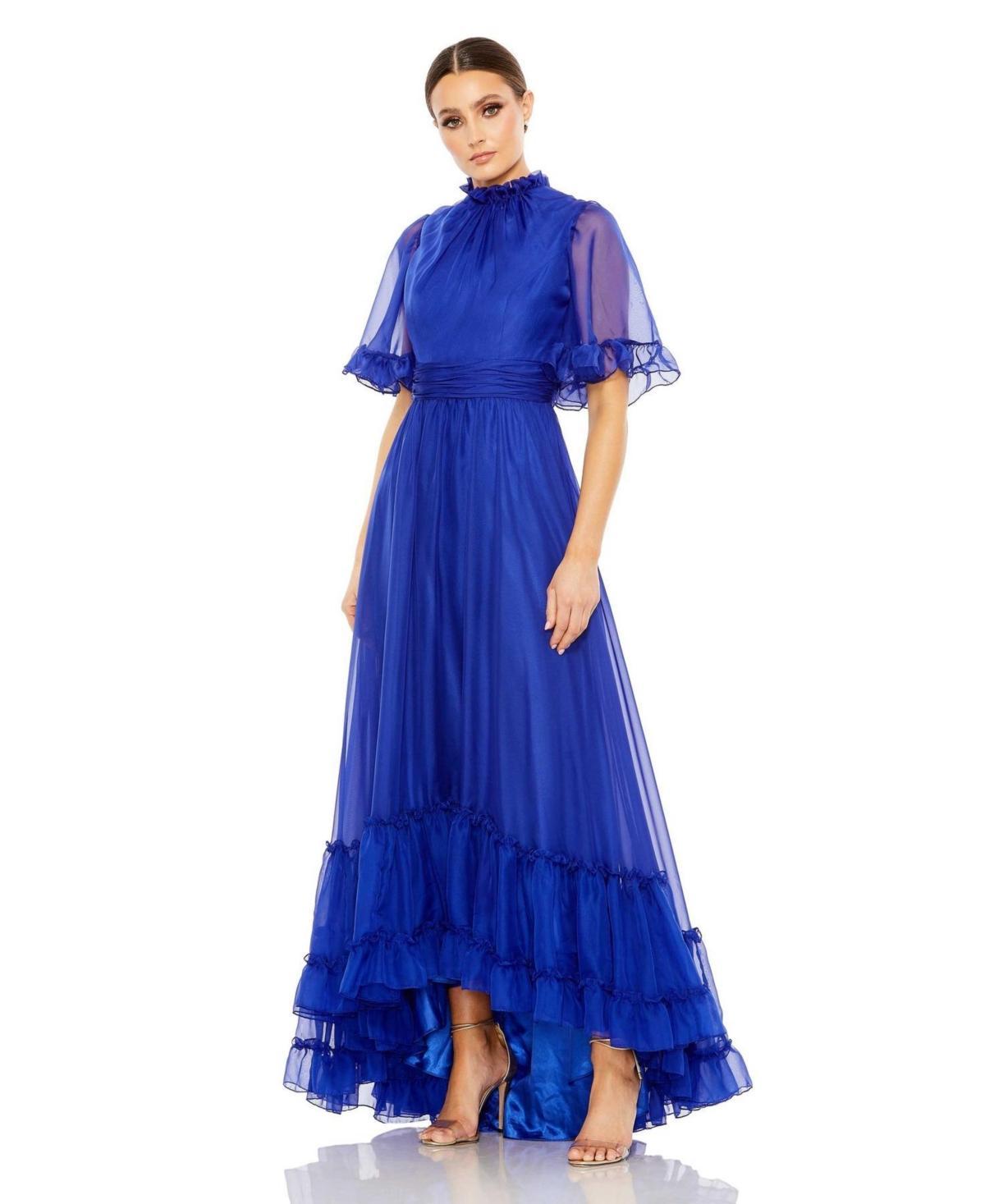 Womens Ruffled High Neck Flutter Sleeve High Low Hem Gown Product Image