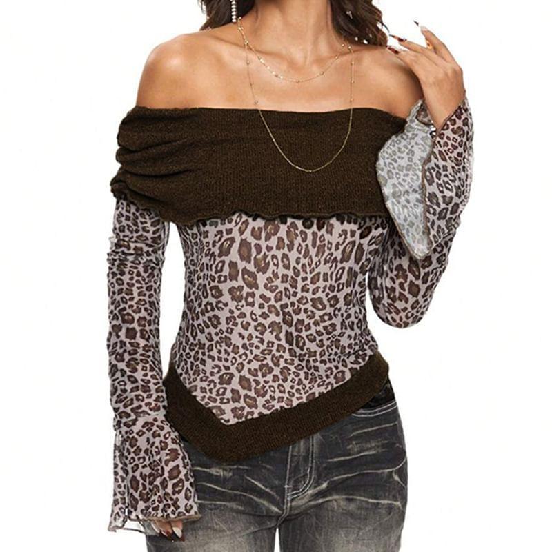 Bell Sleeve Off-Shoulder Leopard Knit Panel Mesh Slim-Fit Top Product Image