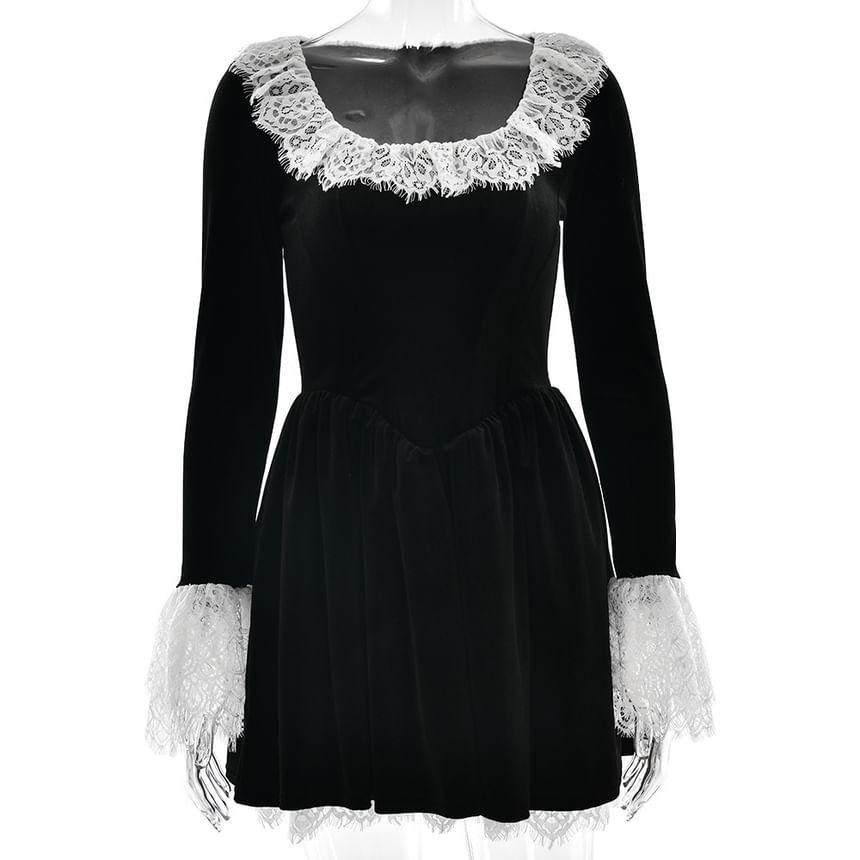 Long-Sleeve Square Neck Lace Panel Mini Dress Product Image