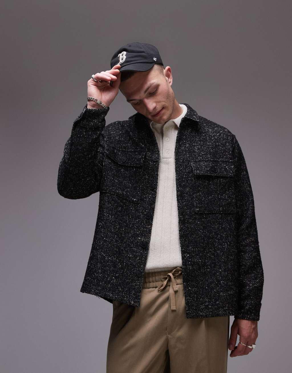 Topman long sleeve textured overshirt in black Product Image