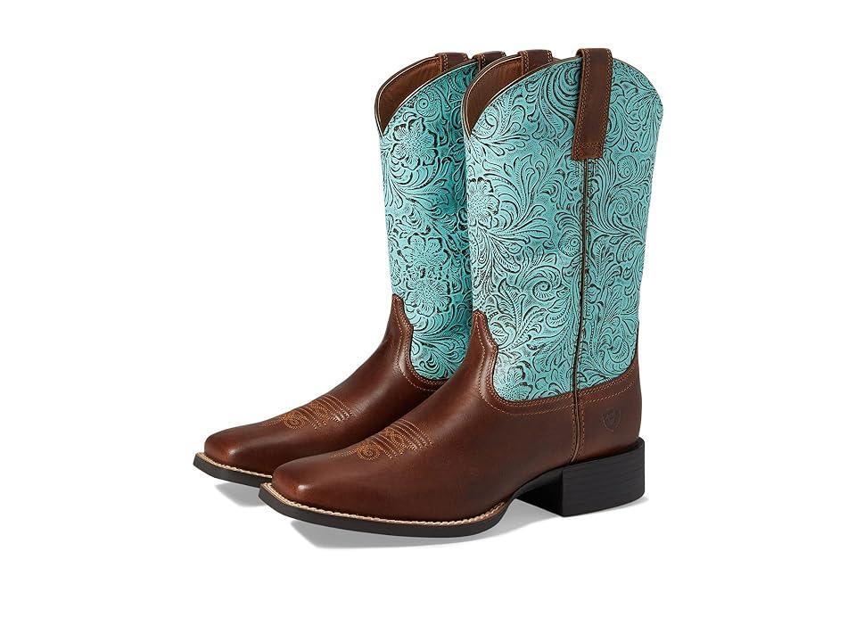 Ariat Round Up Wide Square Toe Western Boots (Beduino Brown/Turquoise Floral Emboss) Women's Shoes Product Image